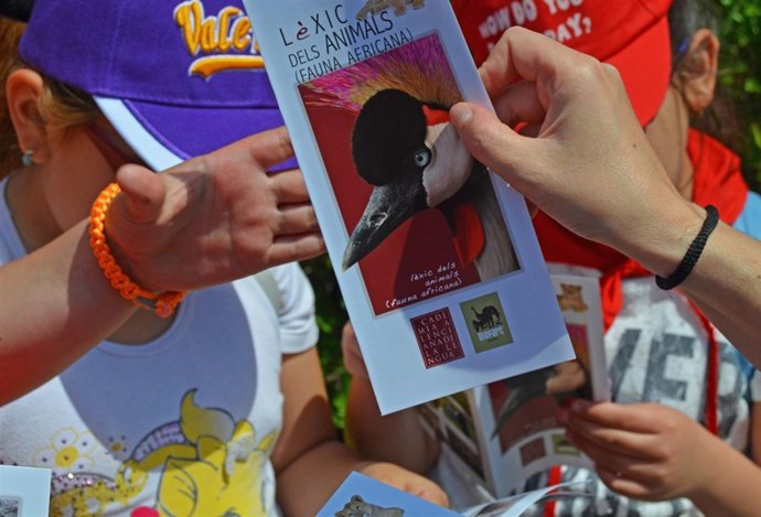 Un escolar recibe el folleto con el léxico de la fauna africana de AVL y Bioparc