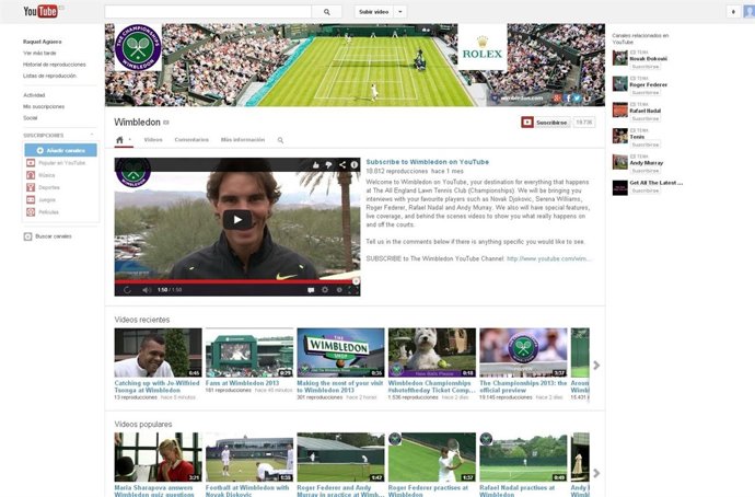 Canal en directo sobre Wimbledon en YouTube