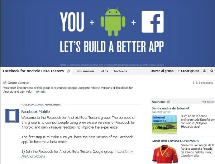 Acebook cre un grupo de betatesting  publico para su app Android