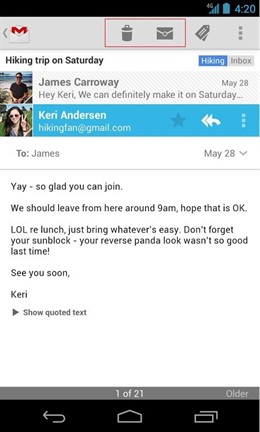 Acceso directo a los botones Eliminar y Archivar en Gmail para Android