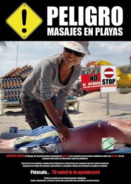 Cartel sobre el peligro de masajes en la playa por personas sin titulación
