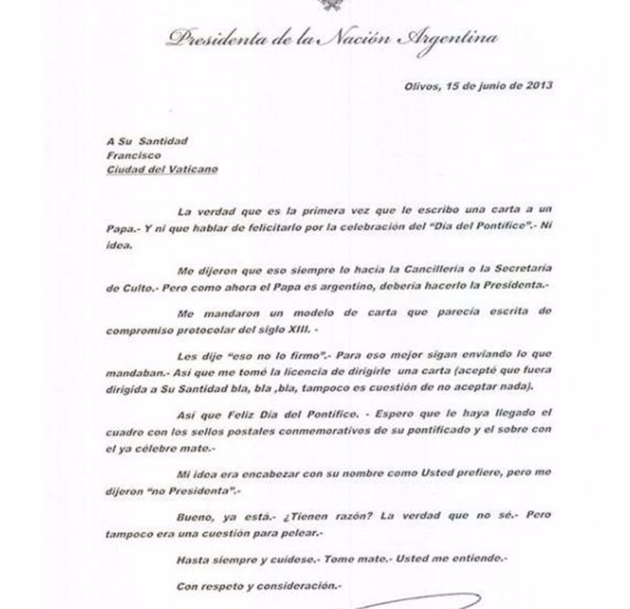 Carta al Papa de Cristina Fernández