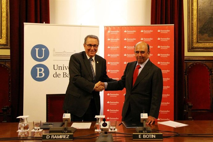 Dídac Ramírez (rector UB) y Emilio Botín (presidente del Banco Santander)