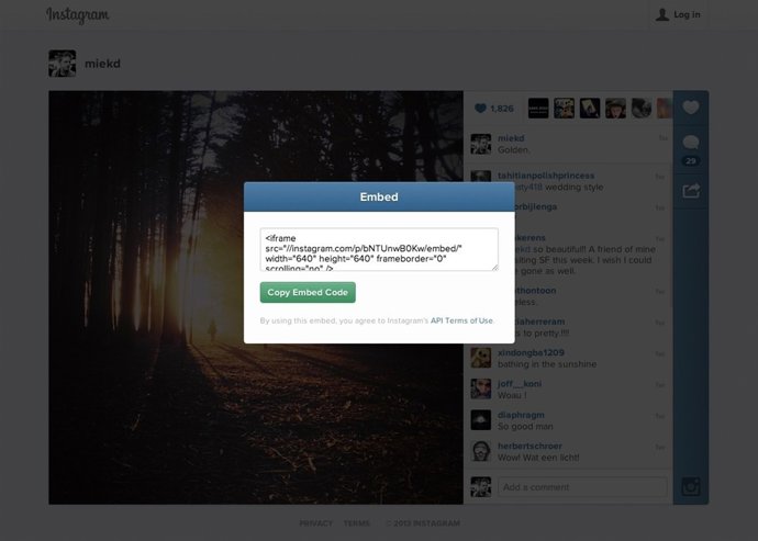 Código de inserción en la versión web de Instagram