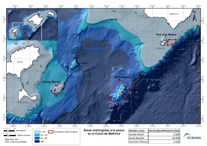 Mapa de la zona afectada en el Canal de Mallorca