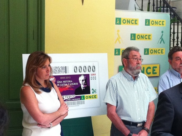 Susana Díaz y Cándido Méndez en la presentación del cupon de la ONCE sobre UGT