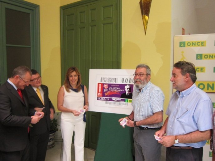 Susana Díaz, Cándido Méndez y Angel Sánchez (ONCE) presentan el cupon sobre UGT