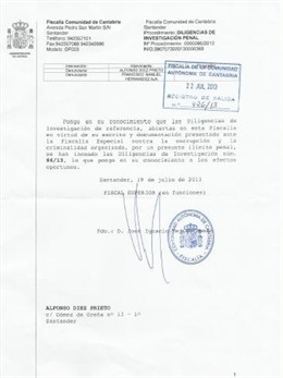 Escrito de la Fiscalía de Cantabria