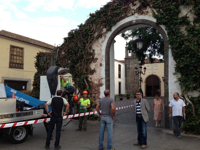 Operarios retiran la hiedra del Cristo