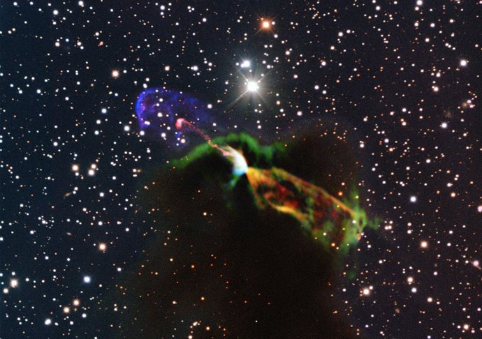 This unprecedented image of Herbig-Haro object HH 46/47 combines radio observati