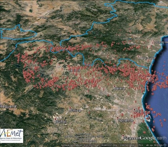 Mapa del desarrollo de la actividad eléctrica esta madrugada