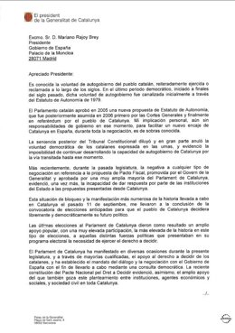 Carta que el pte. A.Mas ha enviado al pte. Del Gobierno M.Rajoy