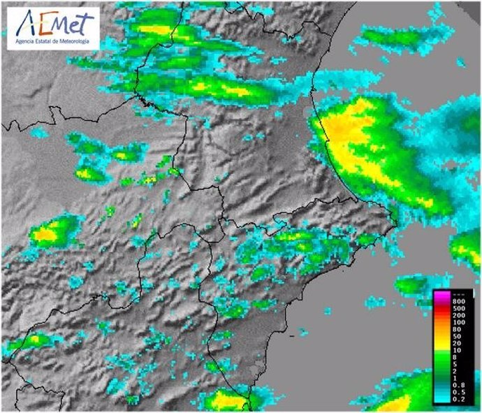 Precipitación acumulada hasta las 14 horas en base a datos radar