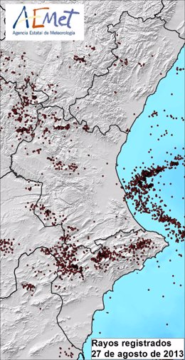 Rayos registrados este martes en la Comunitat