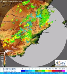 Imagen de la tormenta sobre La Safor y La Marina del radar de Aemet Murcia.