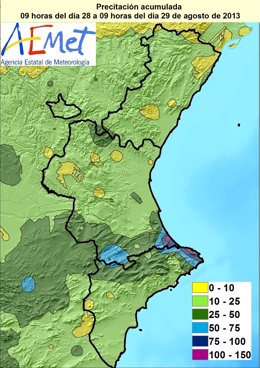 Mapa de las precipitaciones acumuladas en 24 horas en la Comunitat Valenciana