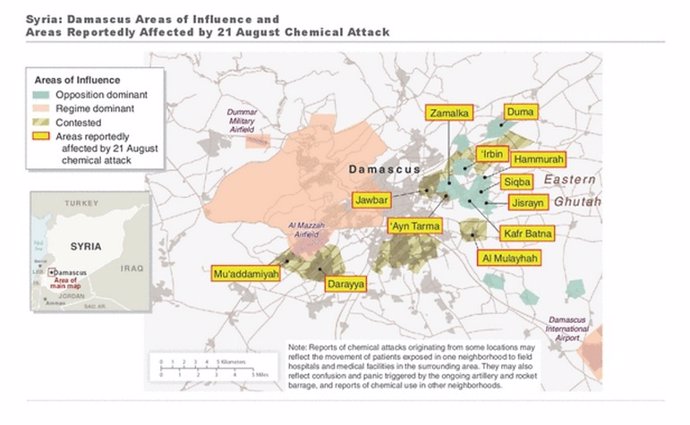 Mapa del ataque químico del régimen sirio sobre Damasco el 21 de agosto de 2013