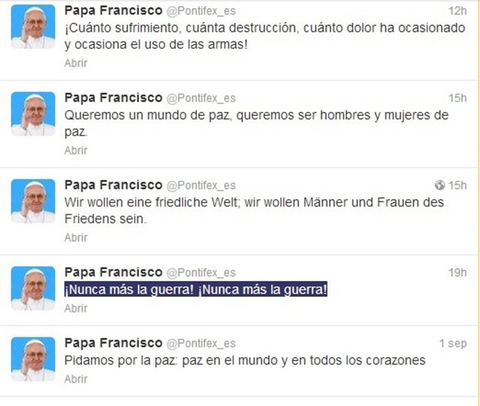 Twitter Papa Francisco contra la guerra en Siria
