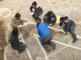 Alumnos de la escuela taller en el yacimiento de Las Cerradicas (Galve)