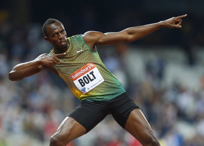 Atleta Usain Bolt tras ganar la prueba de los 100 mts planos
