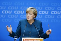La canciller alemana, Angela Merkel, en una conferencia de prensa en Berlín, sep