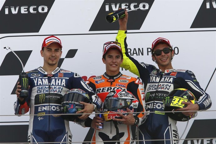 Podio Gran Premio Aragón Marc Márquez Jorge Lorenzo Valentino Rossi