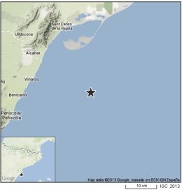 Mapa con la localización del seísmo en la costa de Castellón