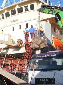 Funcionarios descargan los fardos de hachís de la cubierta del 'Moon Ligth'