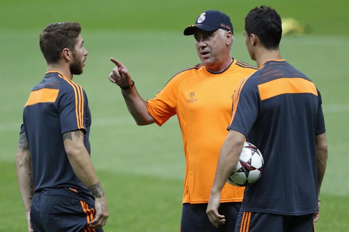 Sergio Ramos, Carlo Ancelotti y Cristiano Ronaldo, Real Madrid