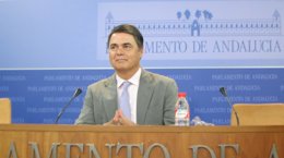 El portavoz del PP-A en el Parlamento, Carlos Rojas, hoy en rueda de prensa