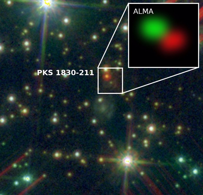  Las Dos Imágenes De PKS1830-211 Vistas Por ALMA (En Falso Color, Verde Y Rojo)