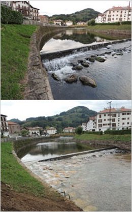 La presa en el río Ezkurra, antes y después de la construcción de la rampa
