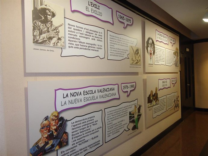 Algunos de los paneles expuestos en la muestra itinerante sobre el tebeo