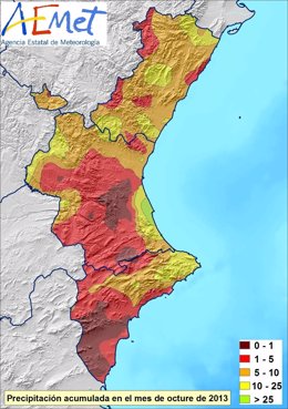 Mapa de precipitaciones acumuladas en octubre en la Comunitat Valenciana.