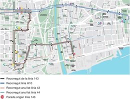 Mapa de la extensión del bus H10 a St.Adrià y Badalona, y del nuevo 143