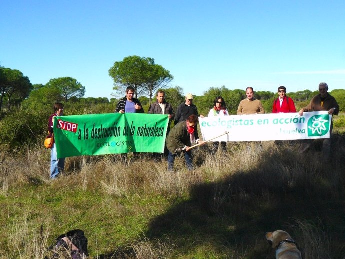 Miembros de Ecologistas en Acción en la zona del INTA en Moguer (Huelva).