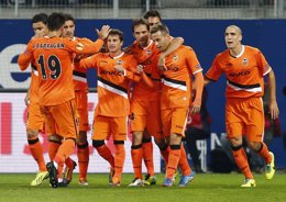 El Valencia celebra un gol en la Europa League
