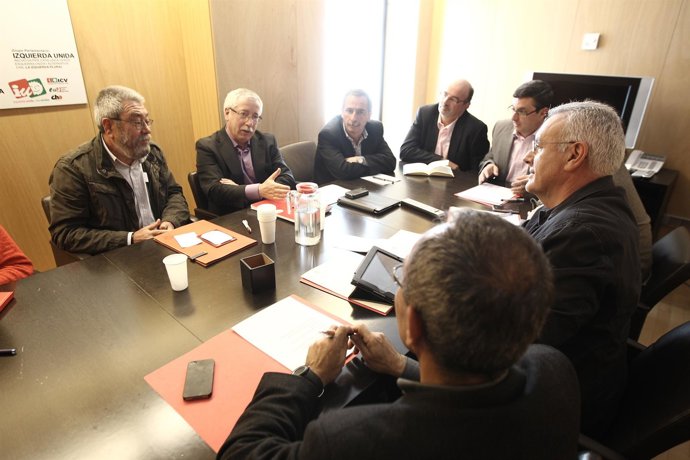 Cándido Méndez y Ignacio Fernández Toxo en una reunión con Cayo Lara