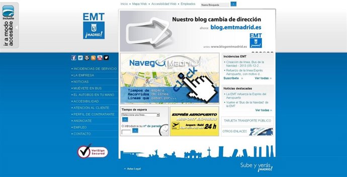 Web de la EMT, con el nuevo servicio Inclusite en un lateral