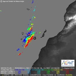 Localización de los rayos entre las 07.00 y 13.00 horas