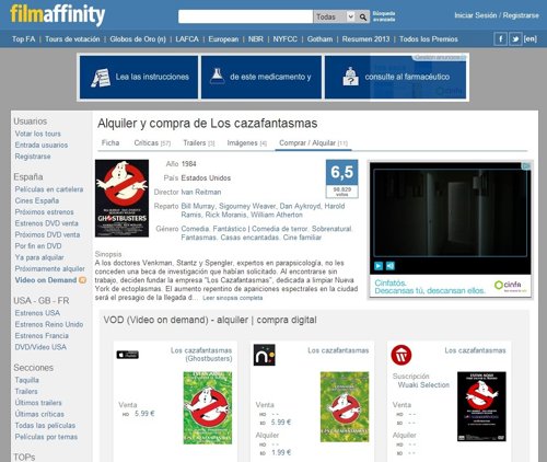 Filmaffinity integra los catálogos de Wuaki, iTunes y Nuveox en sus fichas