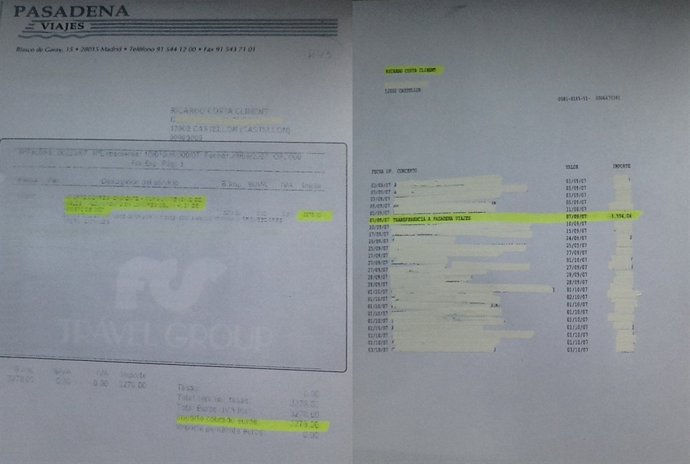 Factura y extracto bancario aportado por Costa