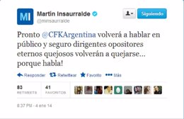 Tuit de Insaurralde sobre Cristina Fernández