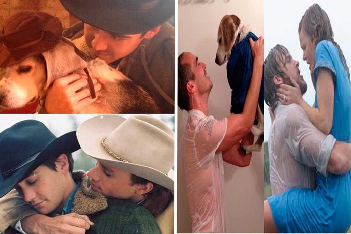 Hombre escenifica escenas románticas del cine con su perro