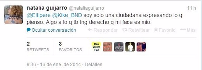 Respuesta de Natalia Guijarro en su Twitter 