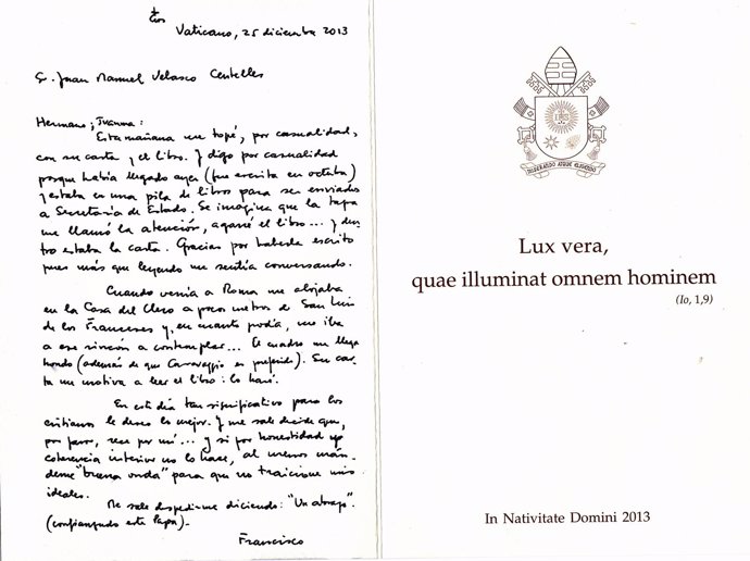 Postal del Papa al escritor castellonense Juanma Velasco