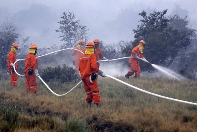 Bomberos Trabajan En Chile En El Incendio Del Parque Nacional Torres Del Paine