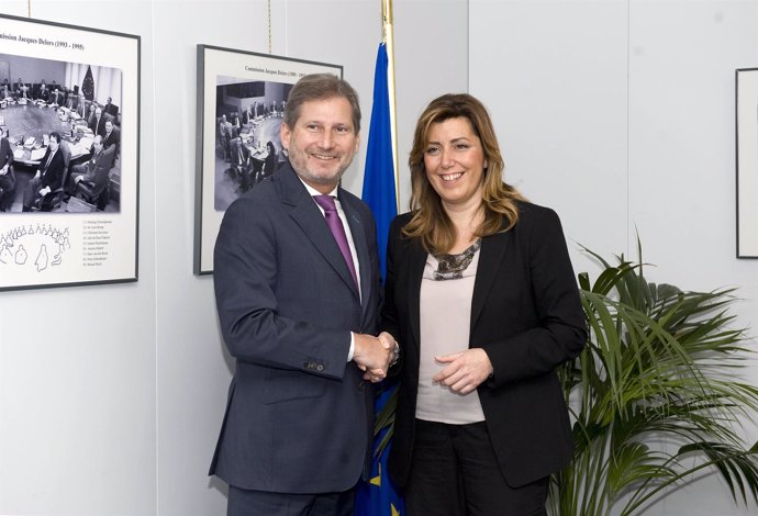 El comisario de Política Regional, Johannes Hahn, y la presidenta Susana Díaz