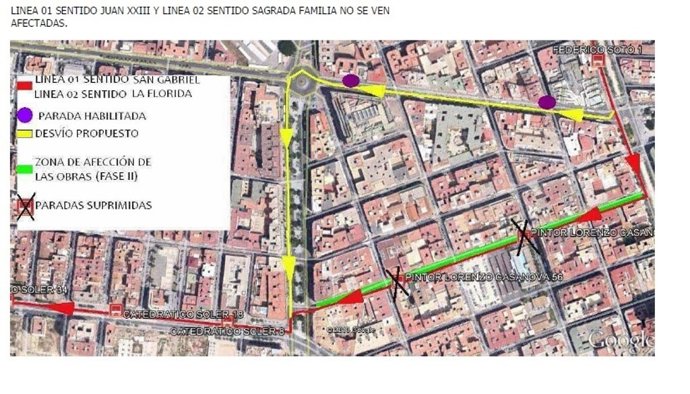 Plano con la modificación de las líneas 1 y 2 durante las obras en plaza Séneca