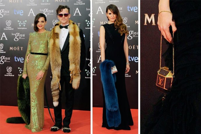 Estolas y boleros de piel deslumbraron con clutches dorados en los Goya 